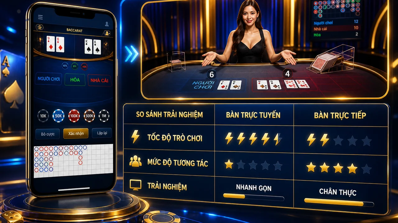 Chọn bàn theo nhịp chơi: so sánh baccarat trực tuyến và bàn trực tiếp fb88